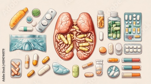 Detailed depiction of various treatment methods and medications for managing liver fluke infections, focusing on approaches for the hepatobiliary system photo