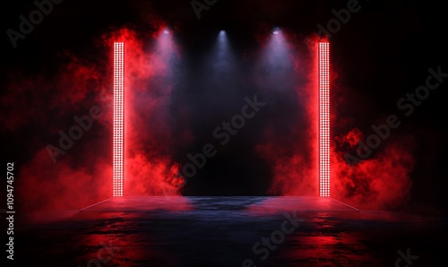  Free stage with lights and smoke, Empty stage with red spotlights, conser, show, party, Presentation concept. Red spotlight strike on black background  photo