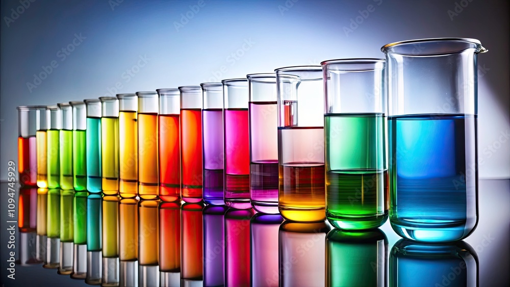 Vibrant Spectrum of Colored Liquids in Glass Beakers with Copy Space for Creative Designs and Promotions Vibrant Spectrum of Colored Liquids in Glass Beakers with Copy Space for Creative Designs and Promotions