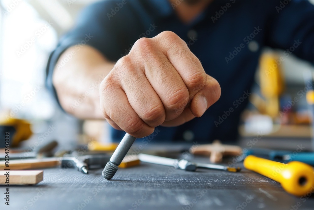 Close-Up of Mechanic's Hand Gripping a Tool Surrounded by Assorted Mechanic Tools on a Workbench in a Professional Workshop Setting Close-Up of Mechanic's Hand Gripping a Tool Surrounded by Assorted Mechanic Tools on a Workbench in a Professional Workshop Setting