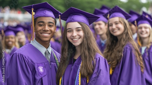 Graduates celebrating in purple caps and gowns at a ceremony.