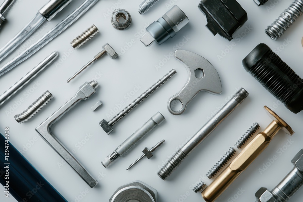 Fototapeta premium A neat collection of mechanical tools meticulously arranged against a neutral background, showcasing precision and readiness for any engineering task.