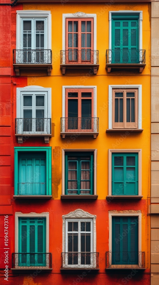 A vivid facade with brightly colored windows and balconies, showcasing vibrant architecture and design in an urban setting. A vivid facade with brightly colored windows and balconies, showcasing vibrant architecture and design in an urban setting.