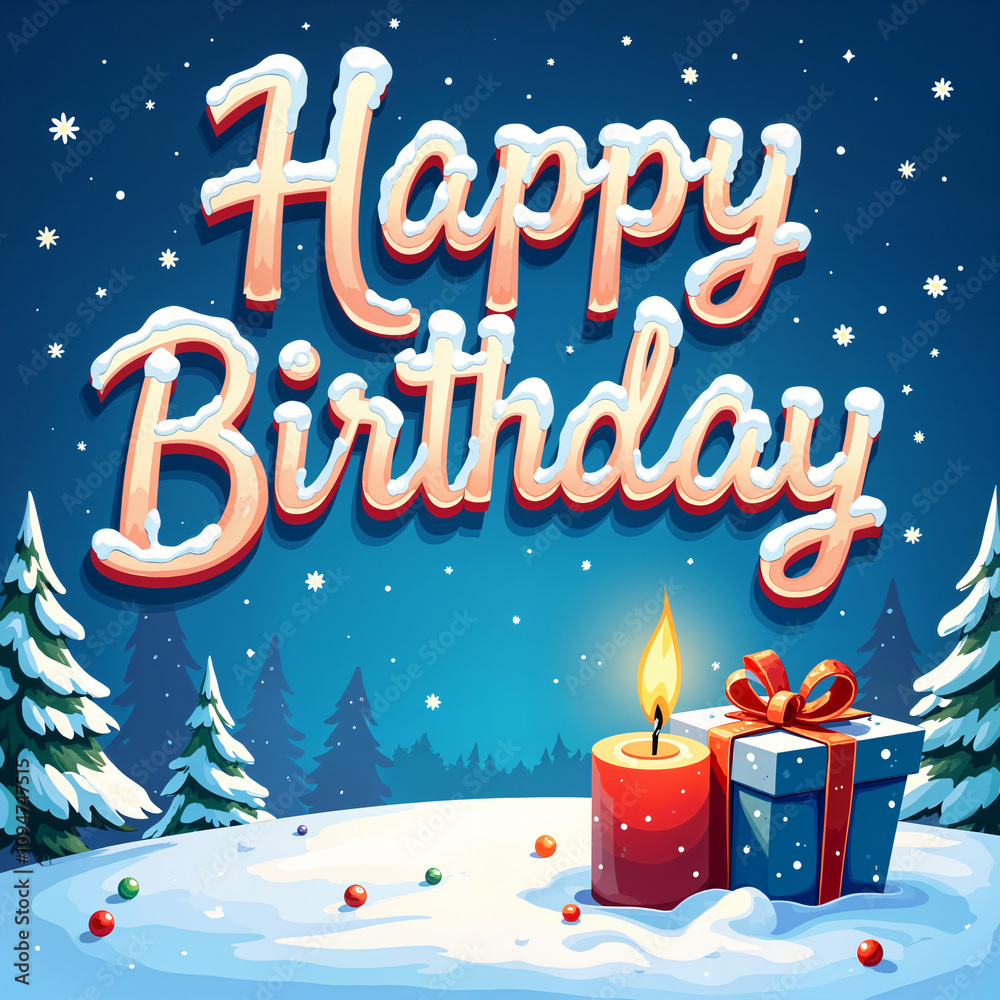 Fototapeta premium Greeting card. Festive greeting card with the phrase Happy Birthday written on it, accompanied by a candlelit red gift box and snowy pine trees in the background.