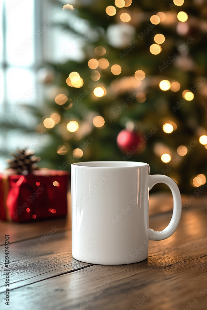 A mockup white mug on a rustic wooden table surrounded by Christmas decorations and warm festive lights A mockup white mug on a rustic wooden table surrounded by Christmas decorations and warm festive lights