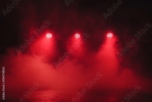  Free stage with lights and smoke, Empty stage with red spotlights, conser, show, party, Presentation concept. Red spotlight strike on black background  photo