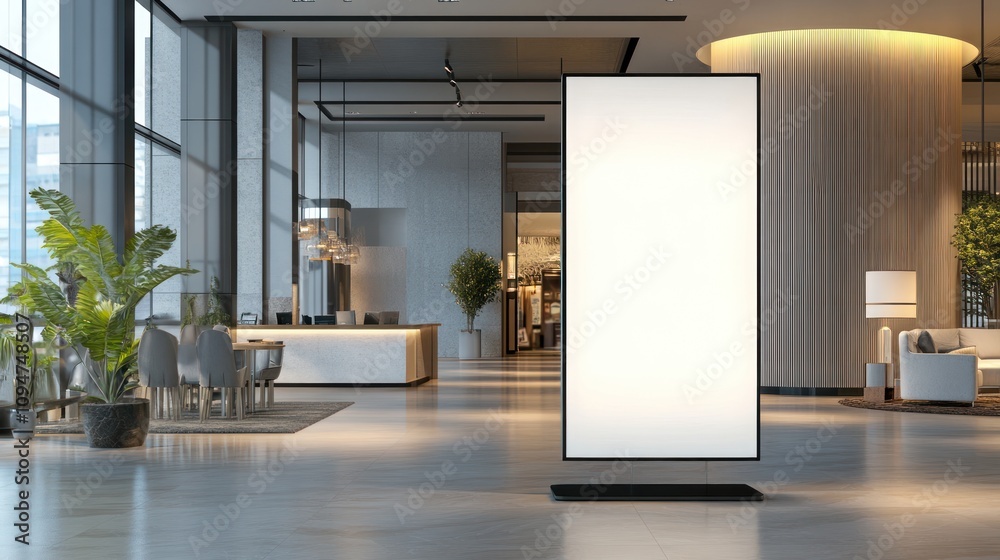 Modern lobby with a blank display and greenery. Modern lobby with a blank display and greenery.