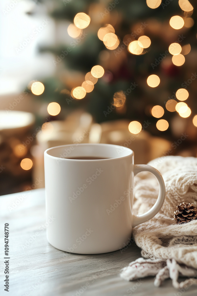 A mockup white mug on a rustic wooden table surrounded by Christmas decorations and warm festive lights A mockup white mug on a rustic wooden table surrounded by Christmas decorations and warm festive lights