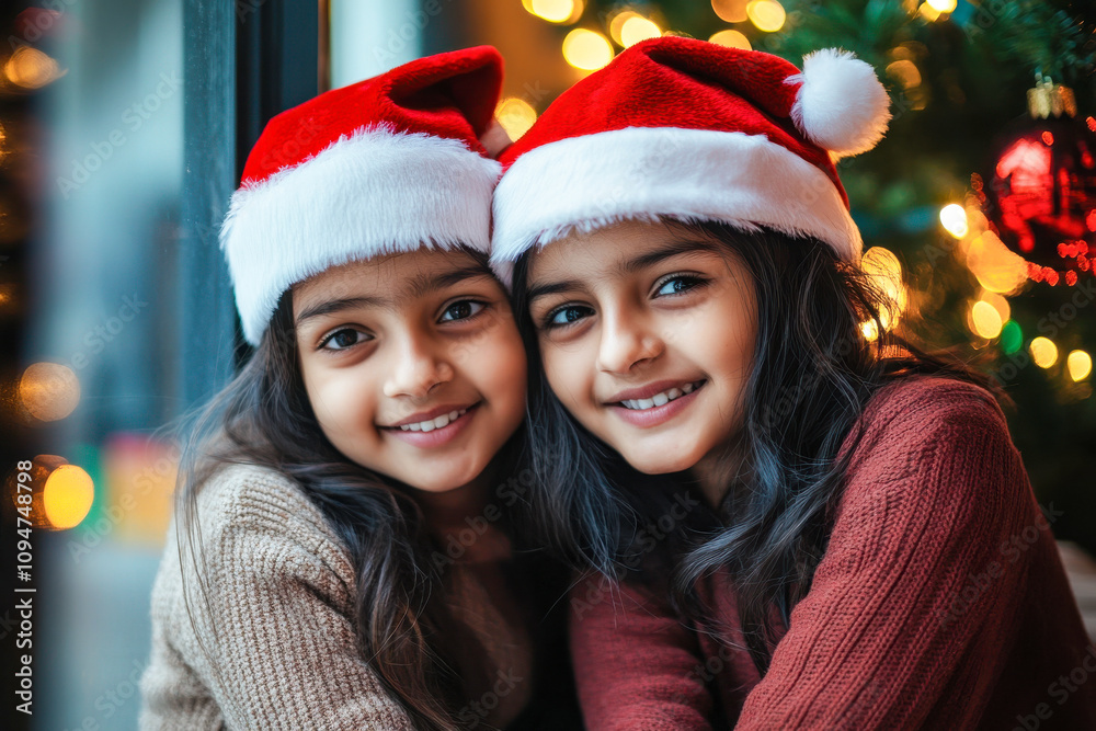 two indian sister holding smartphone on Christmas two indian sister holding smartphone on Christmas