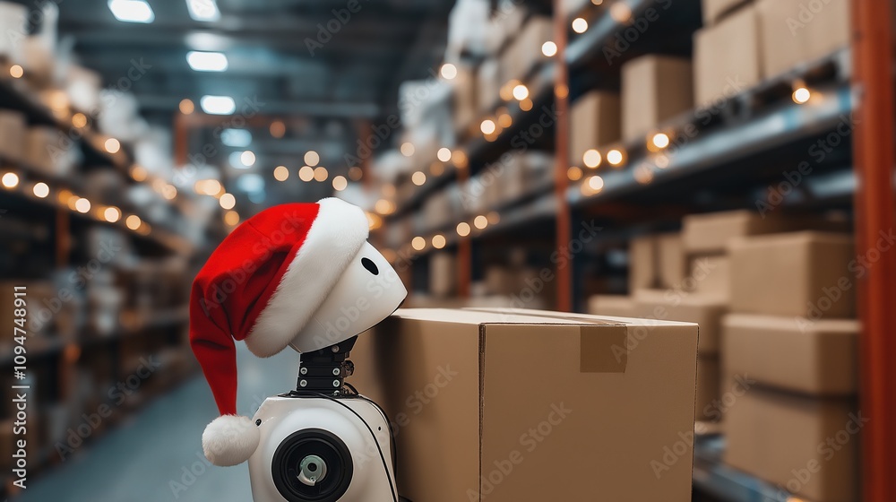 Fototapeta premium Delivery robot wearing a Santa hat resting on a stack of cardboard boxes. Artificial intelligence,logistics, e-commerce, robotics company, automated delivery, future logistics, festival technology