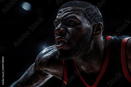 Photorealistic design of a Basketball player with muscles wearing a navy red photo