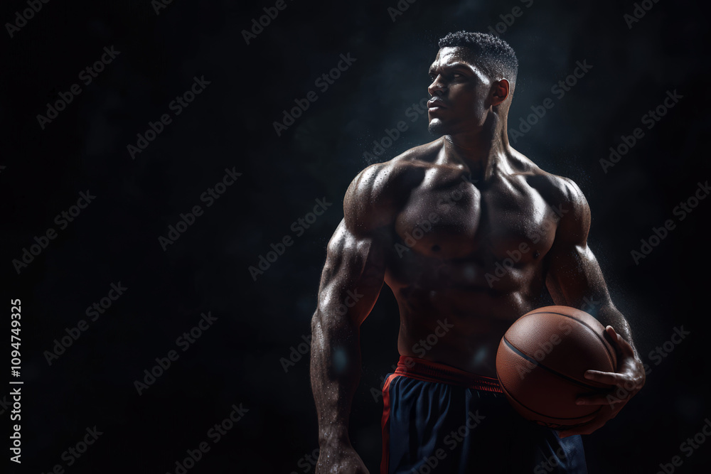 Fototapeta premium Photorealistic design of a Basketball player with muscles wearing a navy red
