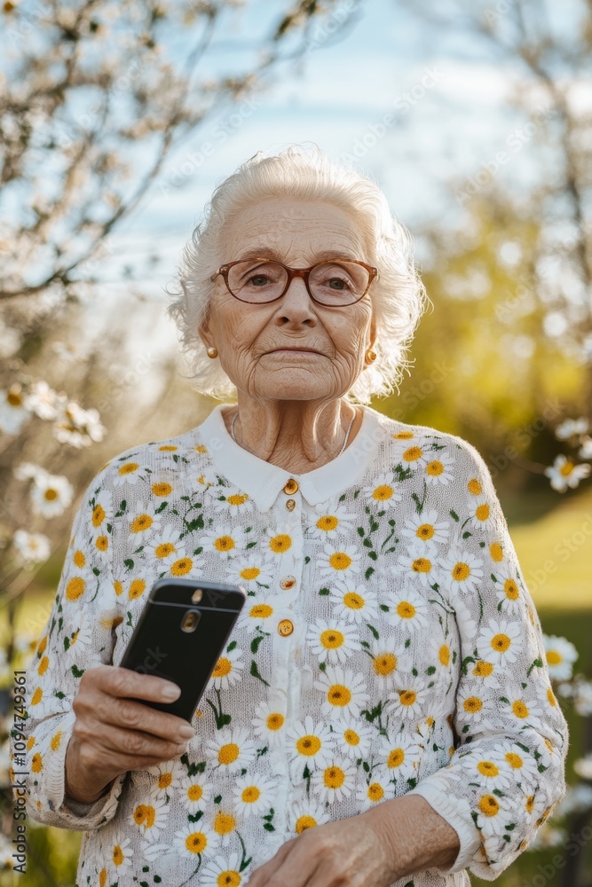 Obraz premium Elderly woman outdoors holding smartphone, dressed in floral sweater, surrounded by blossoming trees, symbolizing technology and nature.