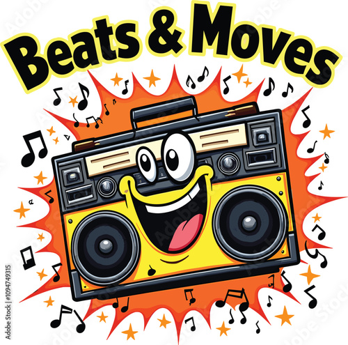 A cheerful boombox character with the text "Beats & Moves."