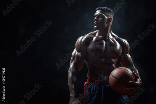 Photorealistic design of a Basketball player with muscles wearing a navy red photo