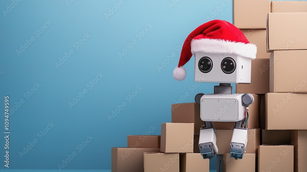 Obraz premium Delivery robot wearing a Santa hat resting on a stack of cardboard boxes. Artificial intelligence,logistics, e-commerce, robotics company, automated delivery, future logistics, festival technology