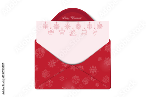 Vintage Merry Christmas greetings card red envelope with snowflakes, baubles vector. Winter holidays concept card design to use for merry christmas cards, winter advertising, holiday greetings. 