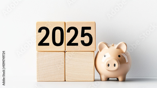 Wooden blocks displaying year 2025 next to piggy bank, symbolizing savings and future planning. This evokes sense of financial growth and optimism