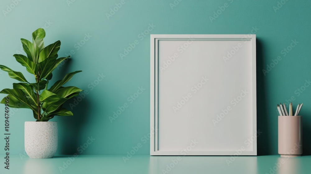 Minimalist office room with blank frame green wall creative space Minimalist office room with blank frame green wall creative space