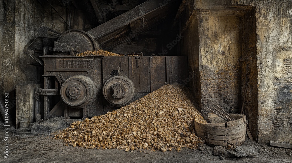 Industrial Machine and Wood Pellets in a Dark, Brick-Walled Room Industrial Machine and Wood Pellets in a Dark, Brick-Walled Room