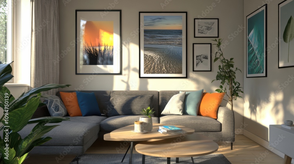 Fototapeta premium Modern living room with Scandinavian style featuring a mockup poster frame on the wall