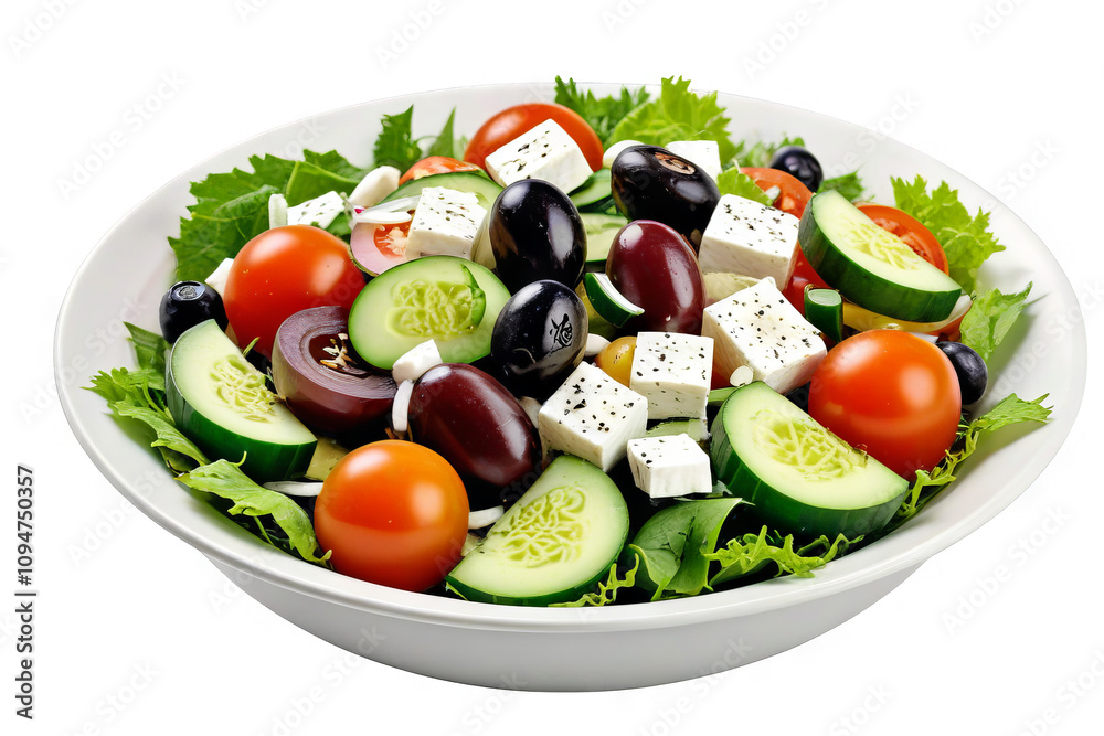 Fresh salad with tomatoes, cucumbers, olives, and feta cheese served in a large white bowl on a wooden table Fresh salad with tomatoes, cucumbers, olives, and feta cheese served in a large white bowl on a wooden table