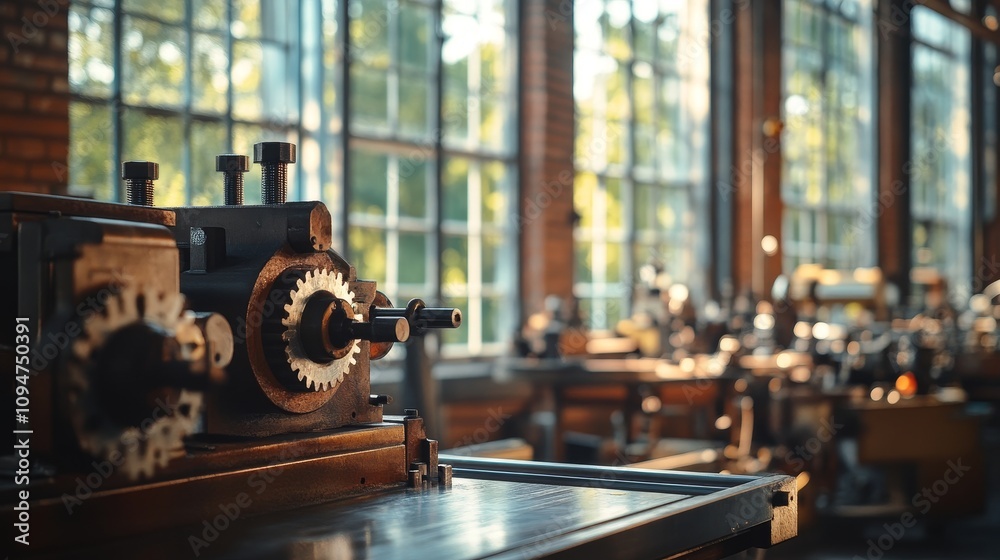 Fototapeta premium Vintage Industrial Machine in a Workshop with Large Windows
