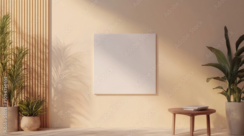 Blank square canvas mockup displayed on a wall with a minimalistic poster frame Blank square canvas mockup displayed on a wall with a minimalistic poster frame