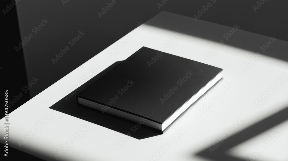 A black book rests on a white surface, bathed in the dramatic contrast of sunlight and shadow. The minimalist composition creates a striking visual.