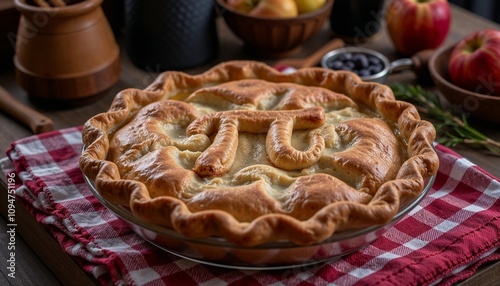 Freshly baked apple pie with Pi symbol on top for Pi Day celebration