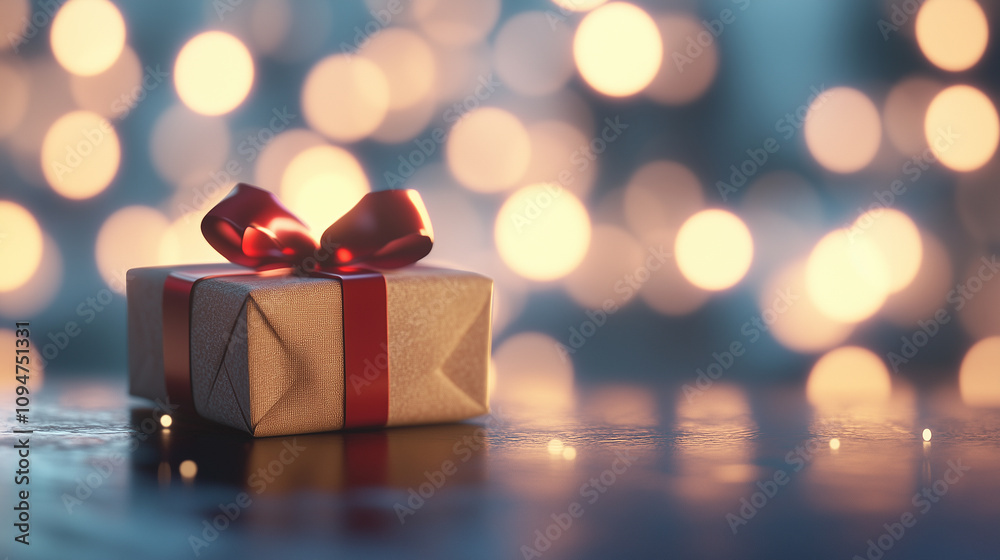 Christmas gift with red ribbon on bokeh background Christmas gift with red ribbon on bokeh background