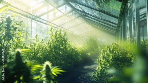 Sunlight filters through a greenhouse filled with thriving cannabis plants growing in lush rows