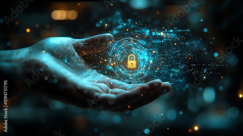 Cybersecurity action glowing lock hologram in hand digital environment futuristic concept for enhanced security awareness