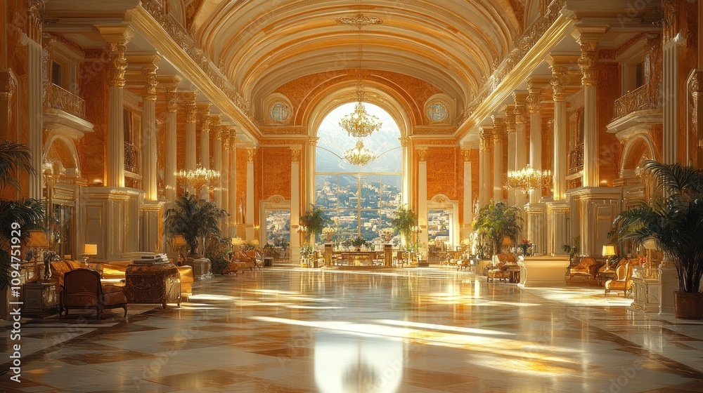 Fototapeta premium Luxury Grand Hotel Lobby with a View