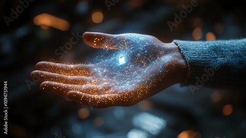 Cybersecurity action glowing lock hologram on hand digital space tech illustration futuristic environment concept of security