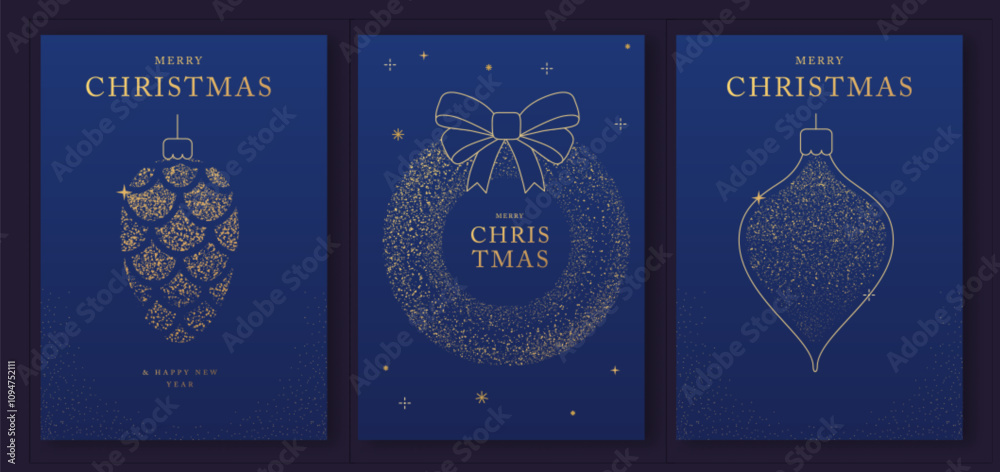 Fototapeta premium Set of luxury Merry Christmas and Happy New Year greeting cards, covers or posters with gold holiday decoration. Christmas blue background. Vector illustration