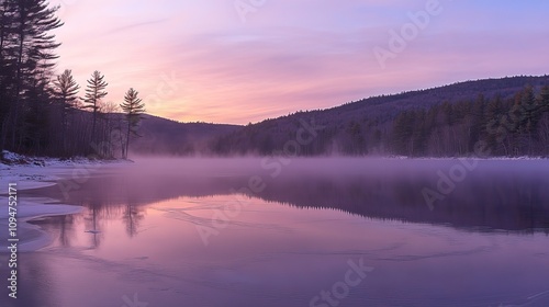 Serene sunrise over a misty, frozen lake reflecting pastel colors in a tranquil winter landscape.