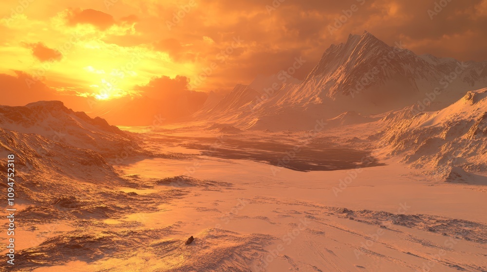 Naklejka premium Breathtaking sunrise casting golden hues over a vast, snow-covered mountain landscape, creating a serene and majestic winter scene.