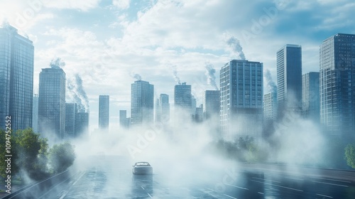 A lone car drives through a foggy city landscape