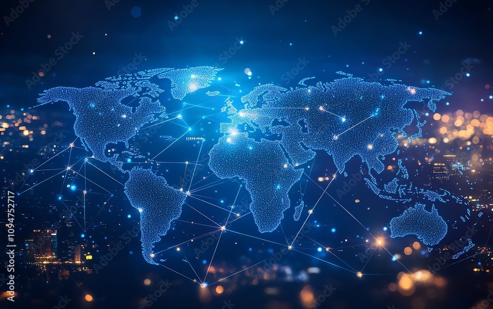 Blue world map with interconnected lines and nodes on a white background, 3D rendering, representing global networking and digital communication Blue world map with interconnected lines and nodes on a white background, 3D rendering, representing global networking and digital communication