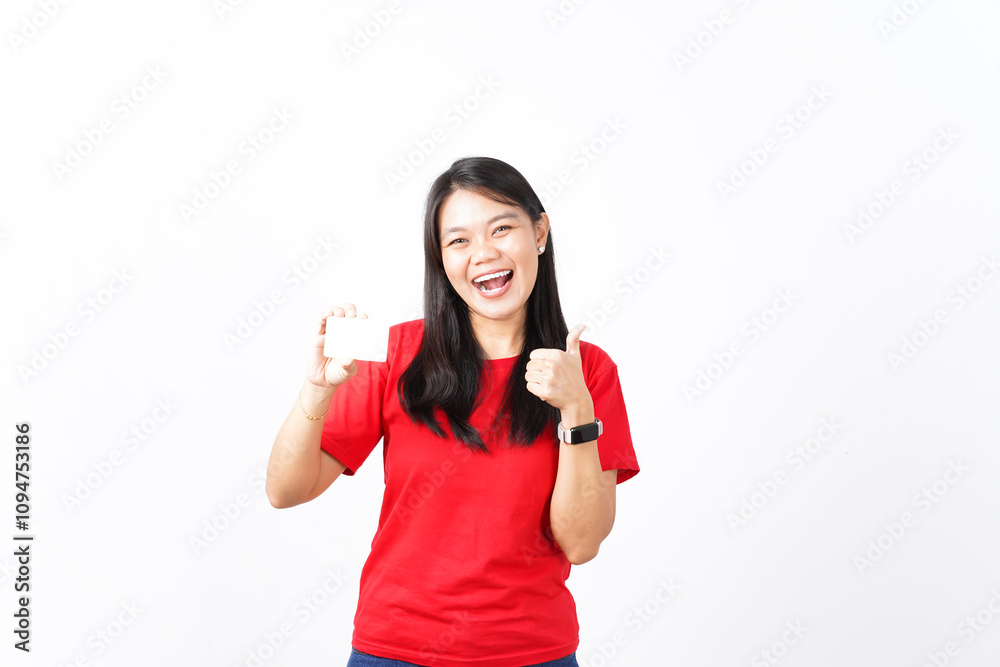 beautiful Asian woman shows happy, surprised expressions while holding blank cards for ads, set on a white background beautiful Asian woman shows happy, surprised expressions while holding blank cards for ads, set on a white background