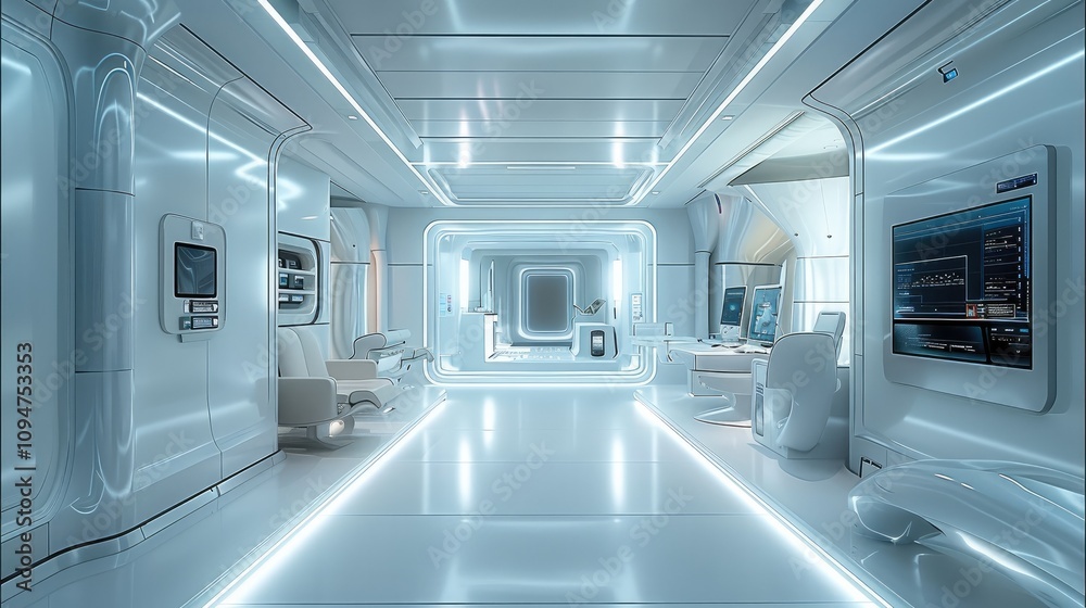 White future tech computer room, Night Environment, and integrated technology.