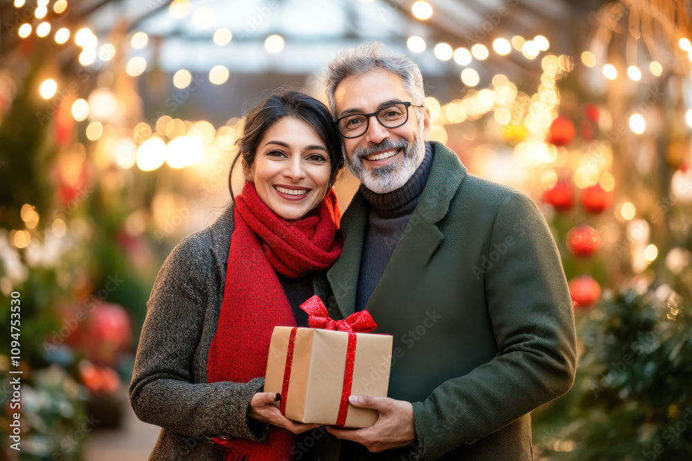 happy indian couple holding gift box on Christmas festival happy indian couple holding gift box on Christmas festival