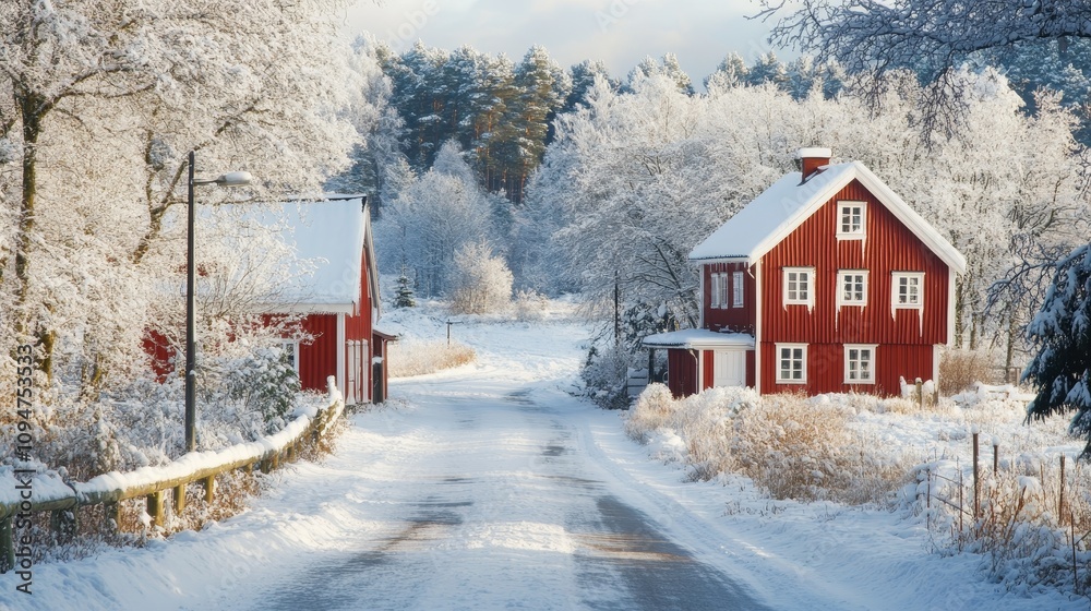Scenic winter countryside view featuring red houses blanketed in snow, surrounded by snowy trees and a tranquil rural road. Scenic winter countryside view featuring red houses blanketed in snow, surrounded by snowy trees and a tranquil rural road.