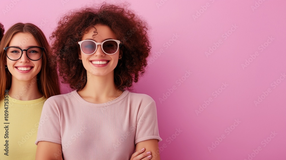 Happy Diverse Women Friends Smiling Pink Background Happy Diverse Women Friends Smiling Pink Background