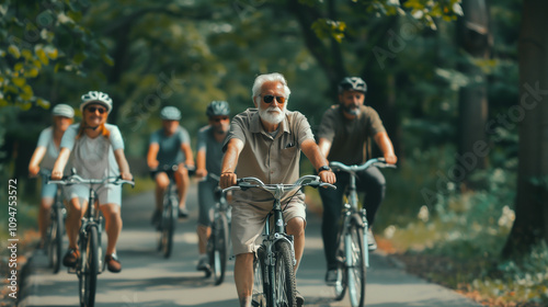 Active Seniors Enjoying a Group Bike Ride in a Scenic Park. Inspiring outdoor activity showcasing community, health, and nature connection.