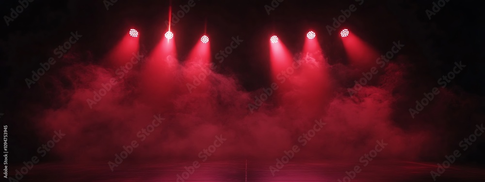 Fototapeta premium Free stage with lights and smoke, Empty stage with red spotlights, conser, show, party, Presentation concept. Red spotlight strike on black background