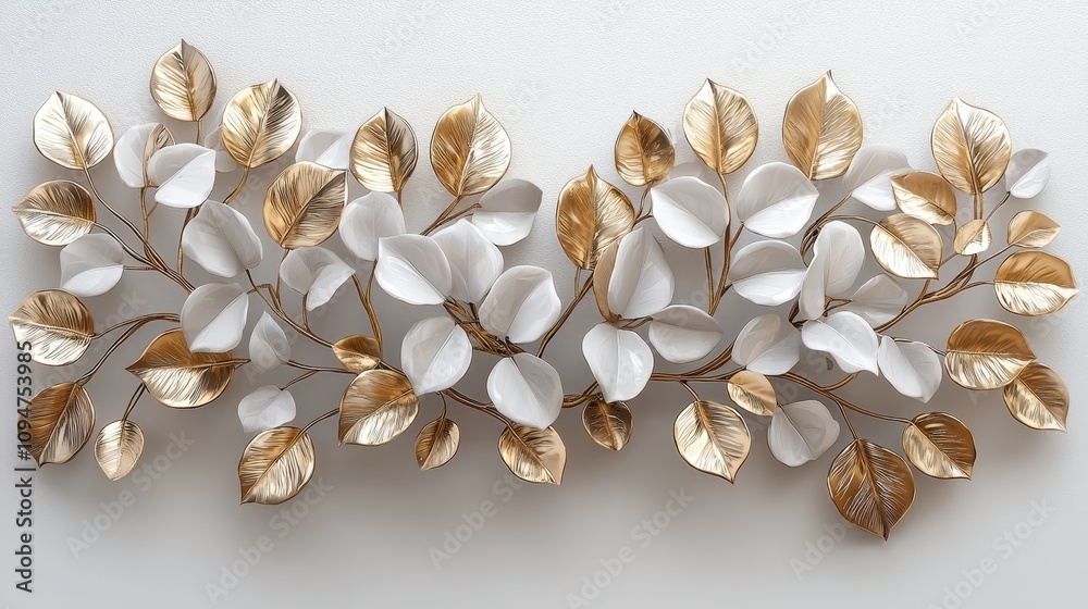 Elegant wall art featuring gold and white botanical leaves design Elegant wall art featuring gold and white botanical leaves design