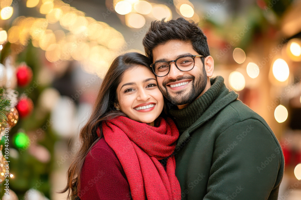 happy indian couple holding gift box on Christmas festival