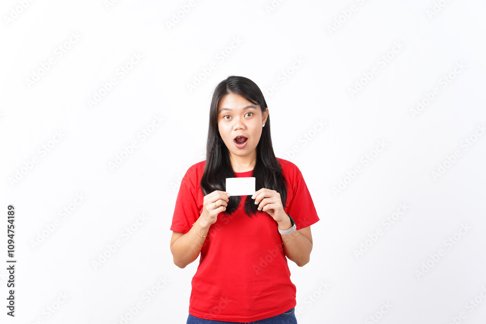 beautiful Asian woman shows happy, surprised expressions while holding blank cards for ads, set on a white background beautiful Asian woman shows happy, surprised expressions while holding blank cards for ads, set on a white background